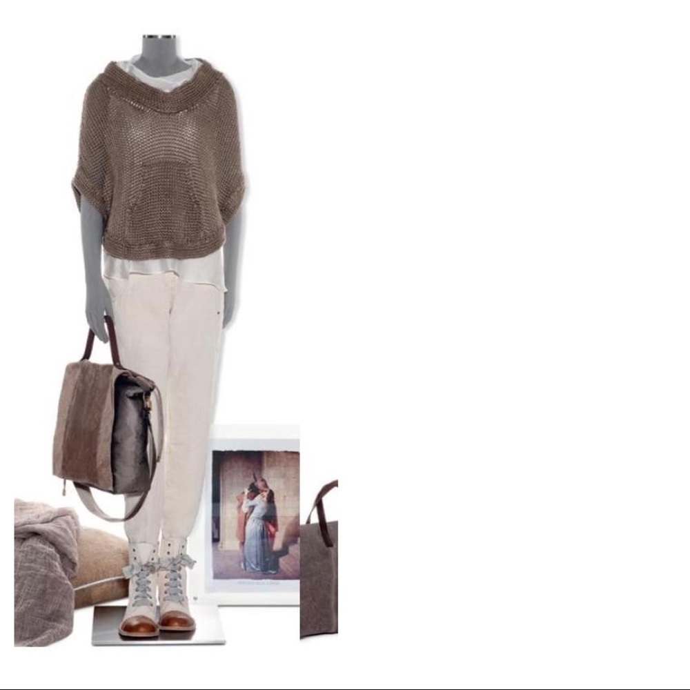 Brunello Cucinelli brown open weave poncho size M